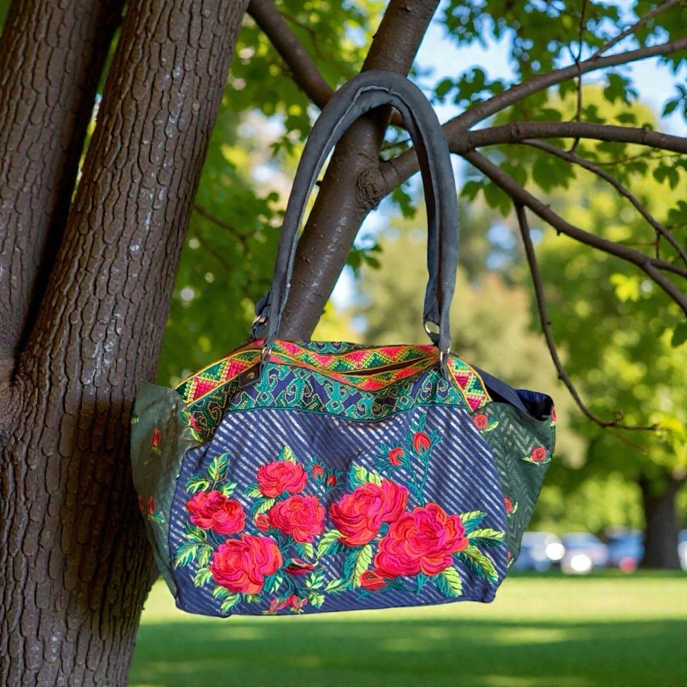 Embroidered Floral Rose Tote Bag-Spacious